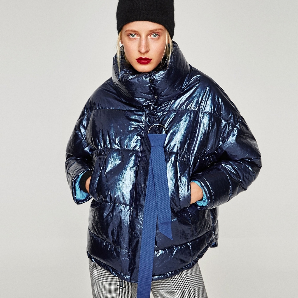 Zara metallic puffer coat blue